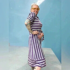 Striped day vintage Gray & purple Midi Dress with 3/4 Sleeves-M